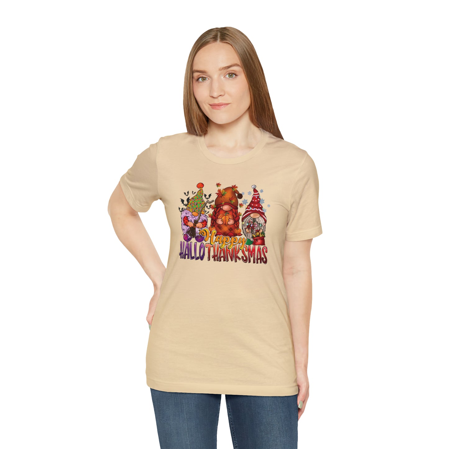 Happy HalloThanksmas Tee - Celebrate Every Season with Gnome-tastic Charm, Holiday Gift