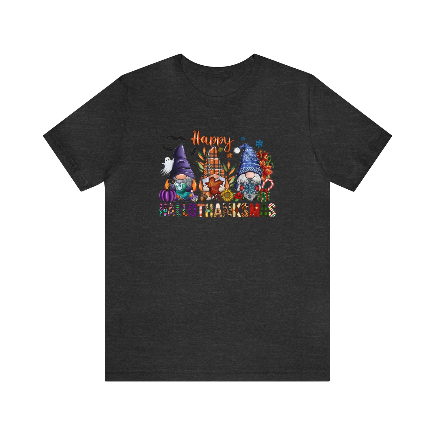 Year-Round Holiday Joy Gnome Trio Tee - Happy HALLOTHANKSMAS Celebration - Holiday Shirt