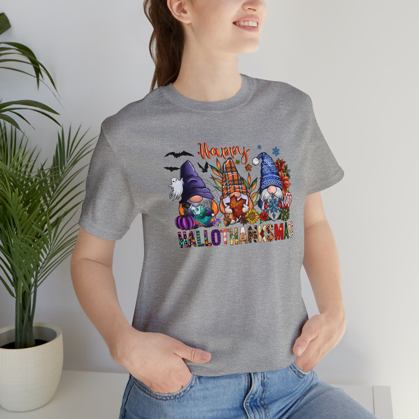 Year-Round Holiday Joy Gnome Trio Tee - Happy HALLOTHANKSMAS Celebration - Holiday Shirt