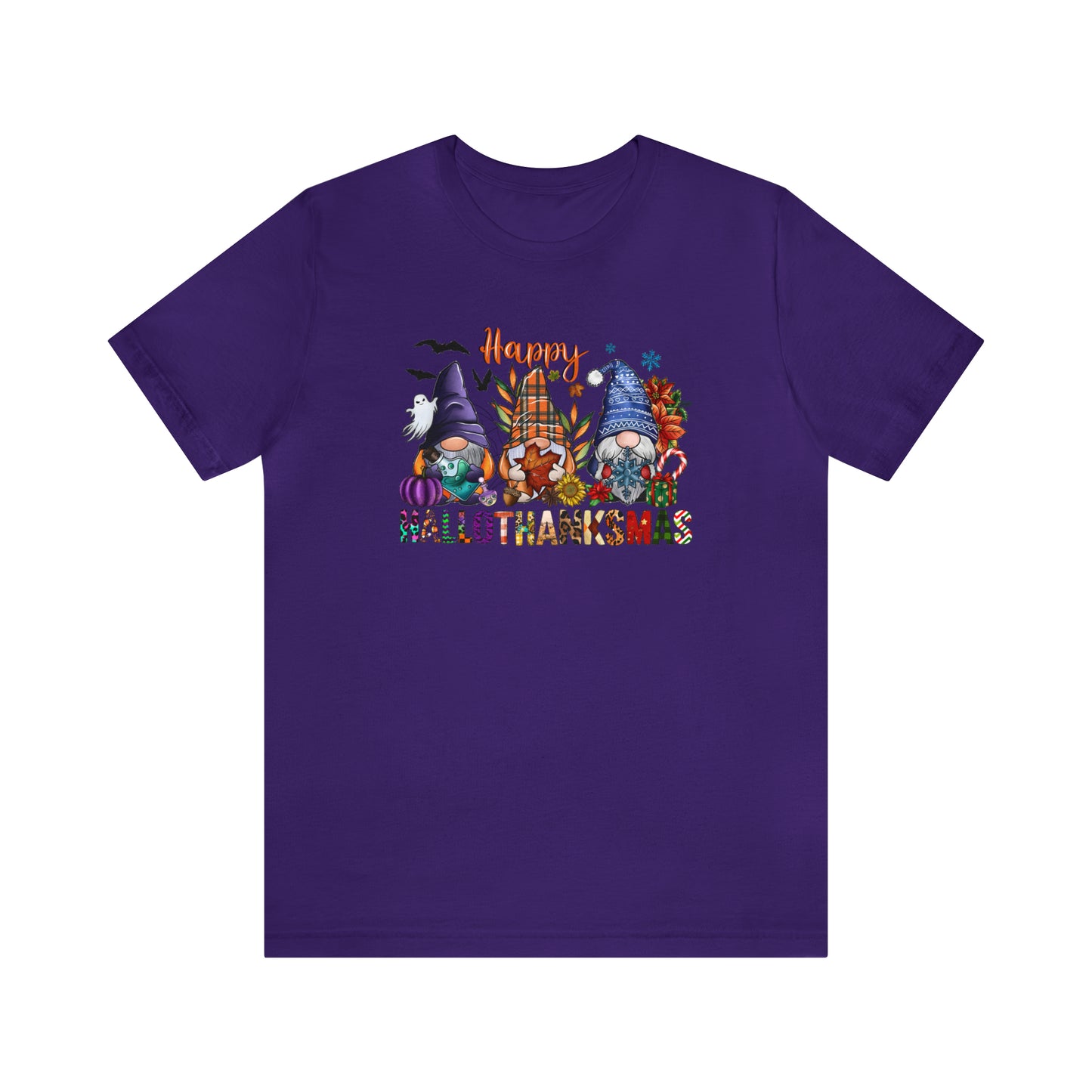 Year-Round Holiday Joy Gnome Trio Tee - Happy HALLOTHANKSMAS Celebration - Holiday Shirt