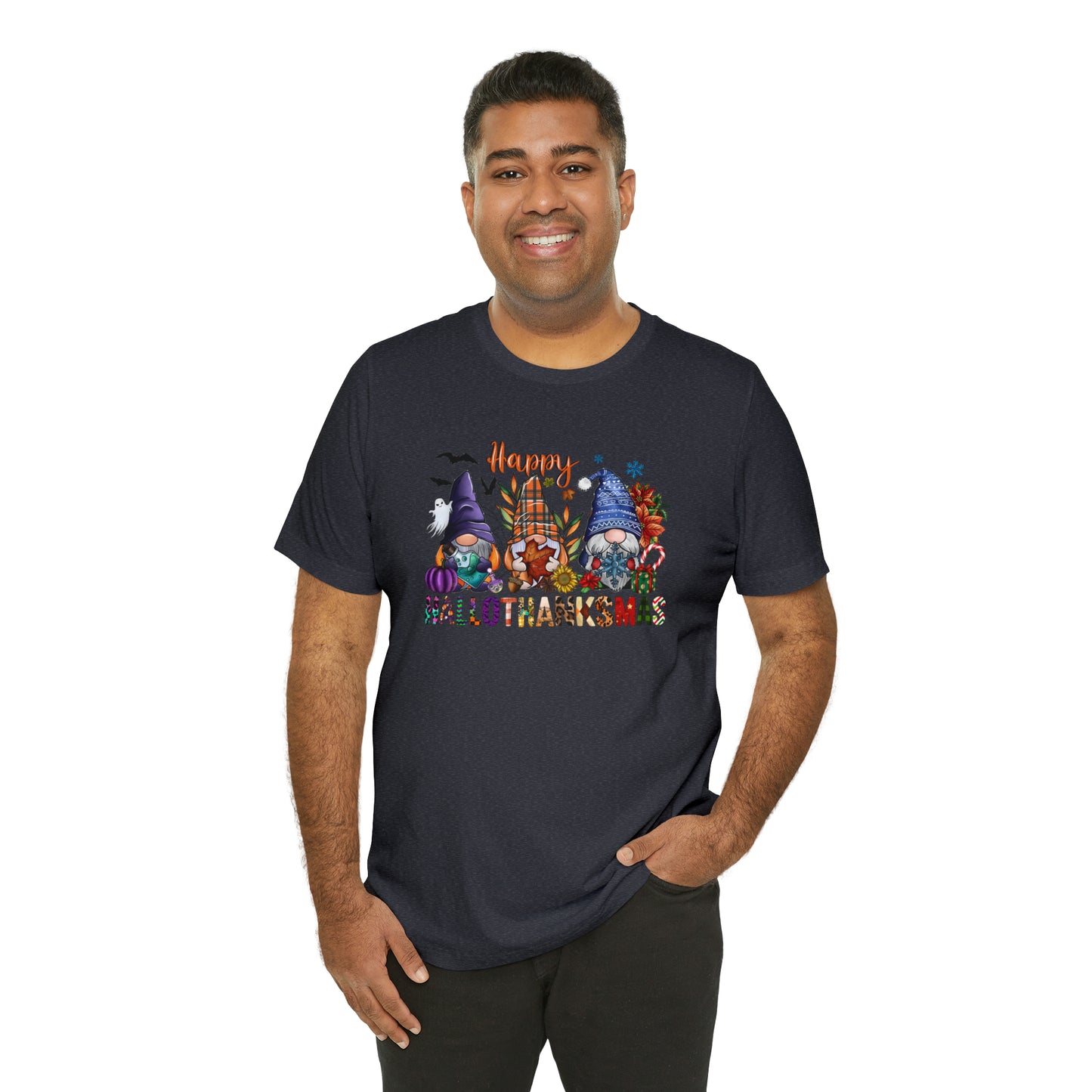 Year-Round Holiday Joy Gnome Trio Tee - Happy HALLOTHANKSMAS Celebration - Holiday Shirt