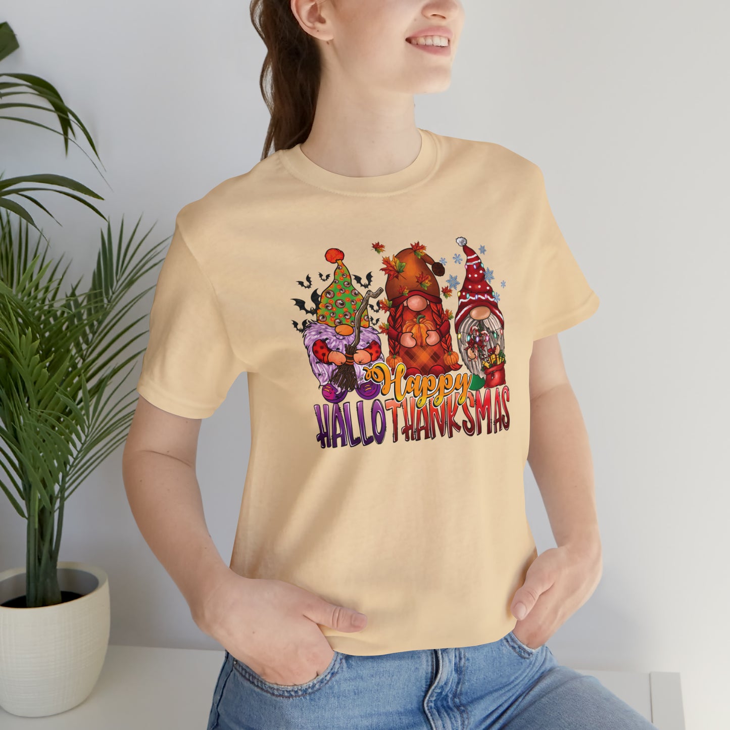 Happy HalloThanksmas Tee - Celebrate Every Season with Gnome-tastic Charm, Holiday Gift