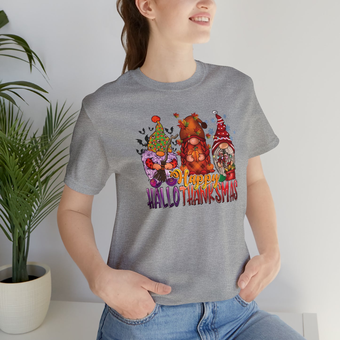 Happy HalloThanksmas Tee - Celebrate Every Season with Gnome-tastic Charm, Holiday Gift