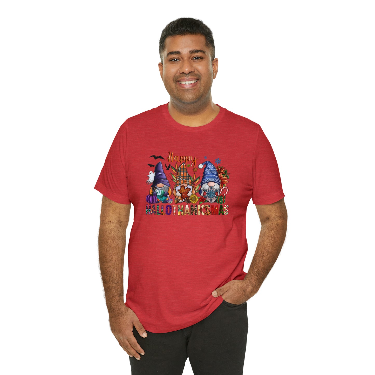 Year-Round Holiday Joy Gnome Trio Tee - Happy HALLOTHANKSMAS Celebration - Holiday Shirt
