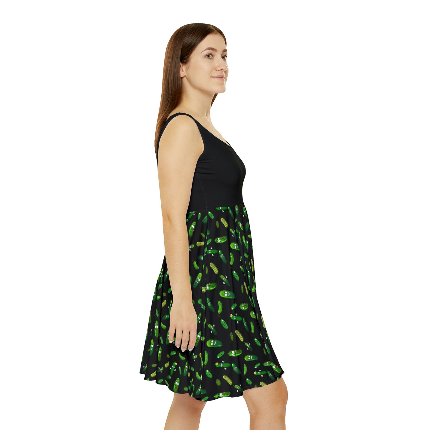 Pickle Party Delight: Black Skater Tank Dress with Whimsical Pickle Pattern