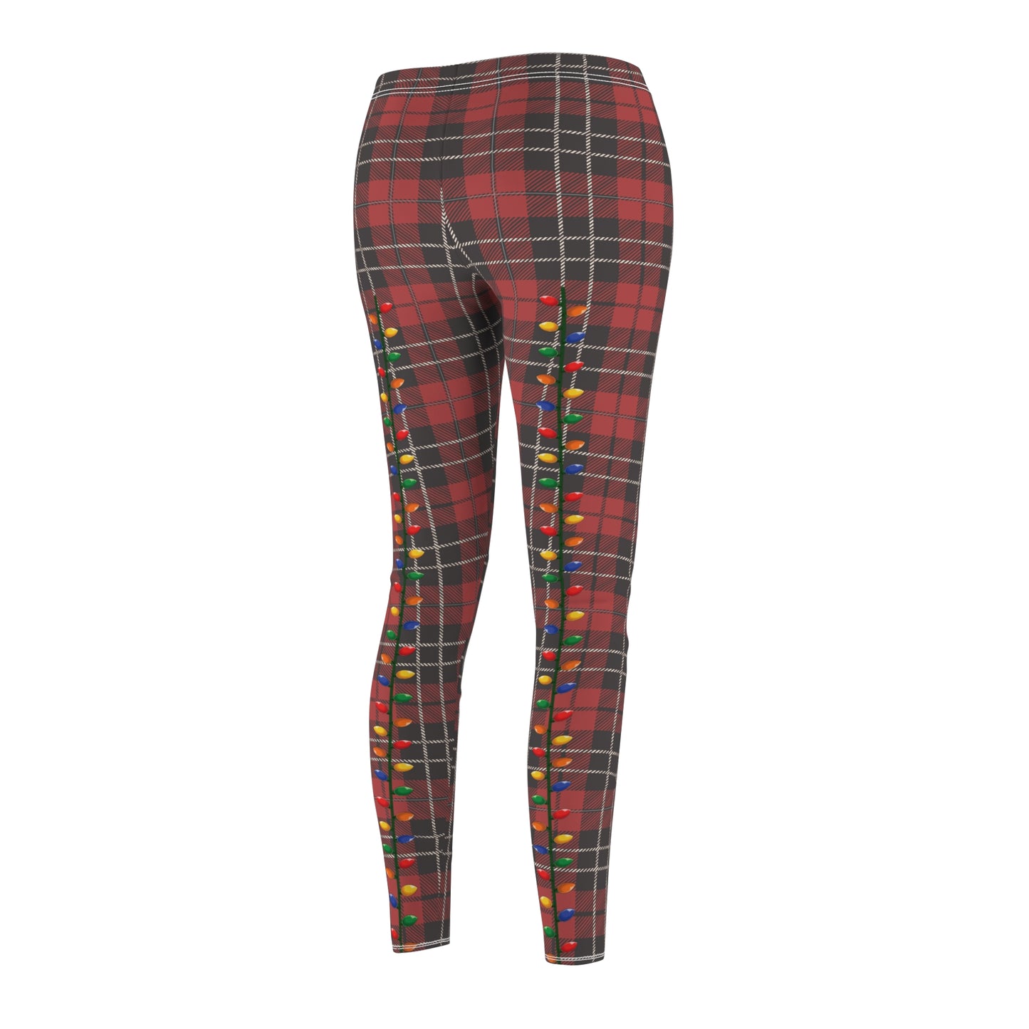 Women's buffalo plaid red leggings with christmas light faux back seam, Christmas lights leggings, soft exclusive leggings, athleisure