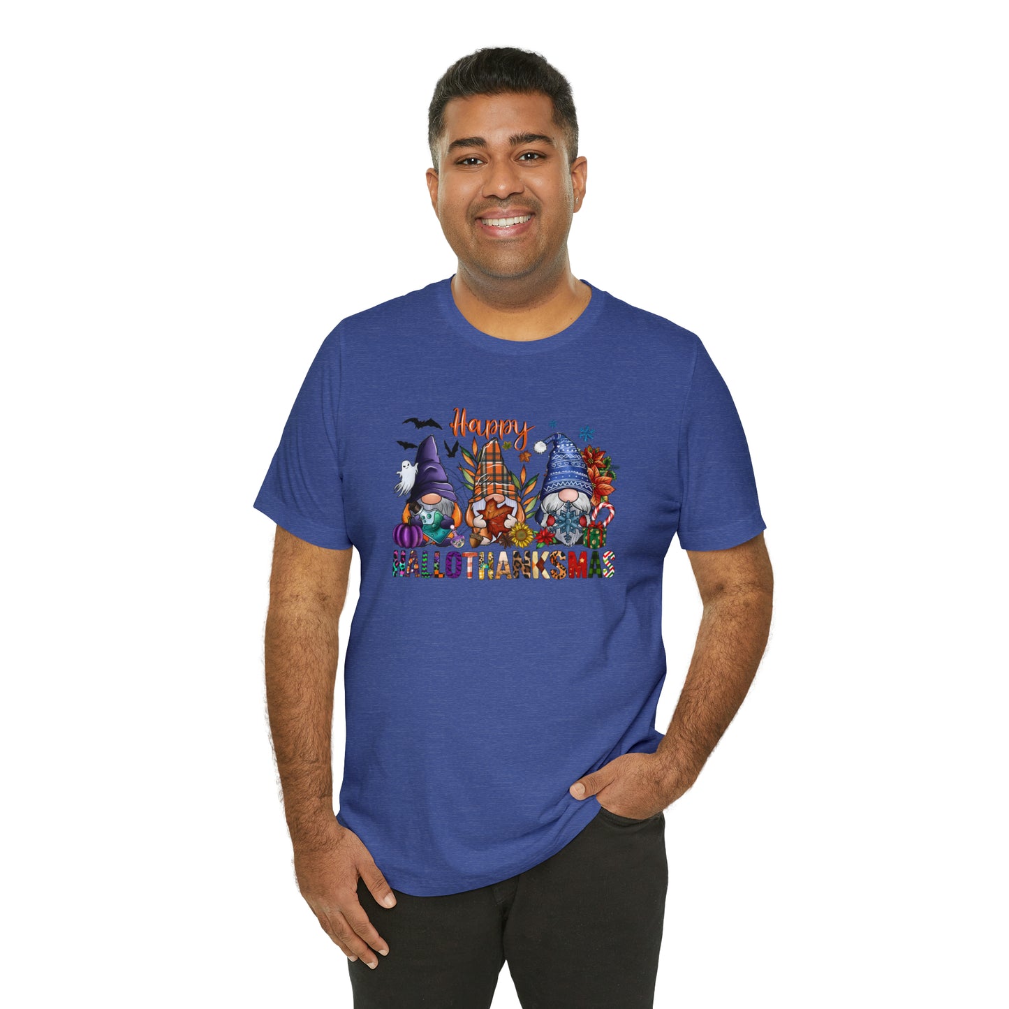 Year-Round Holiday Joy Gnome Trio Tee - Happy HALLOTHANKSMAS Celebration - Holiday Shirt