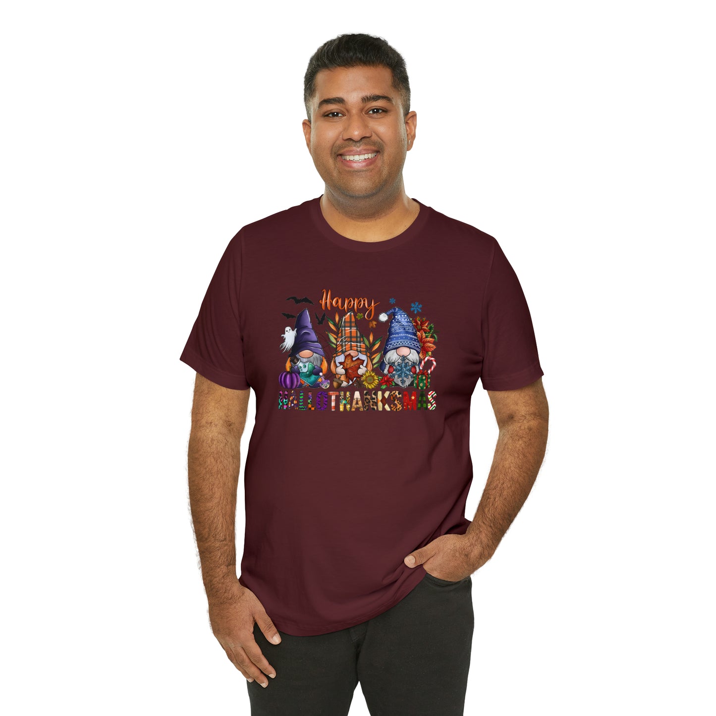 Year-Round Holiday Joy Gnome Trio Tee - Happy HALLOTHANKSMAS Celebration - Holiday Shirt