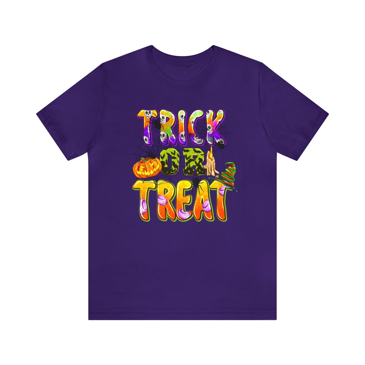 Trick or Treat Delight Halloween Tee - Jack-o'-Lantern, Spider, Witch's Hat, and Candle