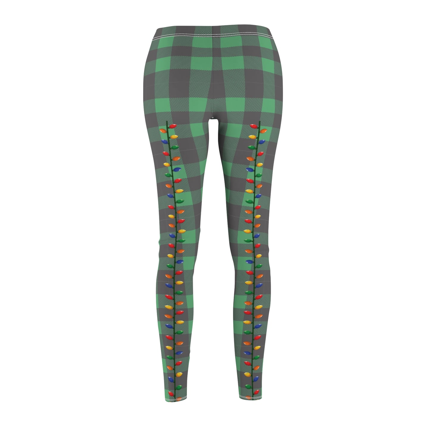 Women's buffalo plaid green leggings with christmas light faux back-seam.