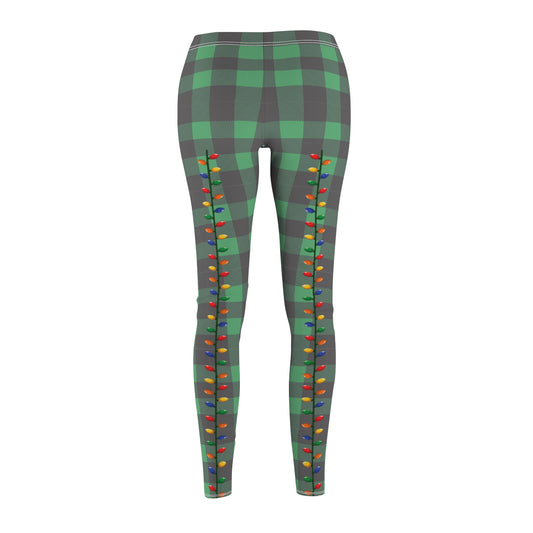 Women's buffalo plaid green leggings with christmas light faux back-seam.