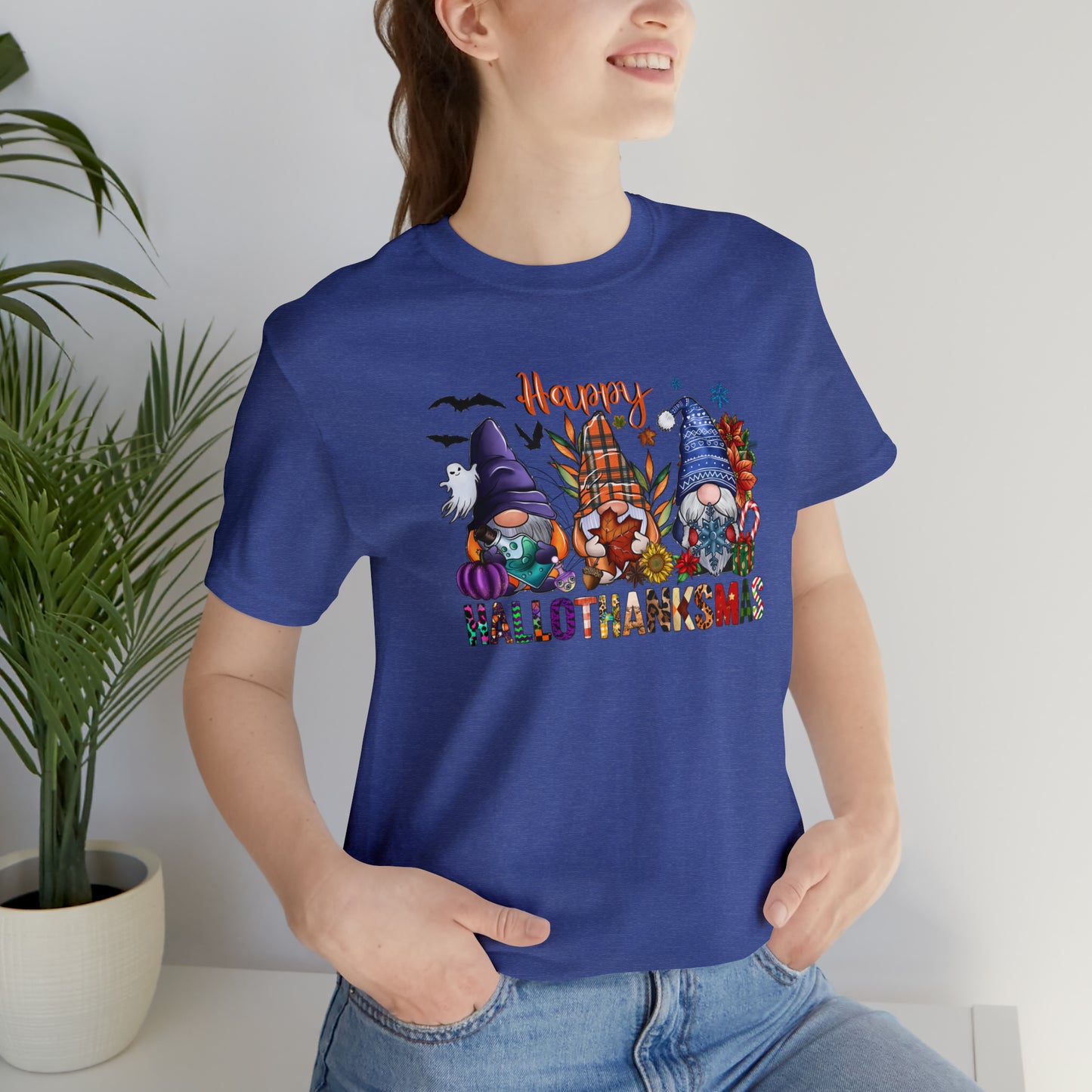 Year-Round Holiday Joy Gnome Trio Tee - Happy HALLOTHANKSMAS Celebration - Holiday Shirt