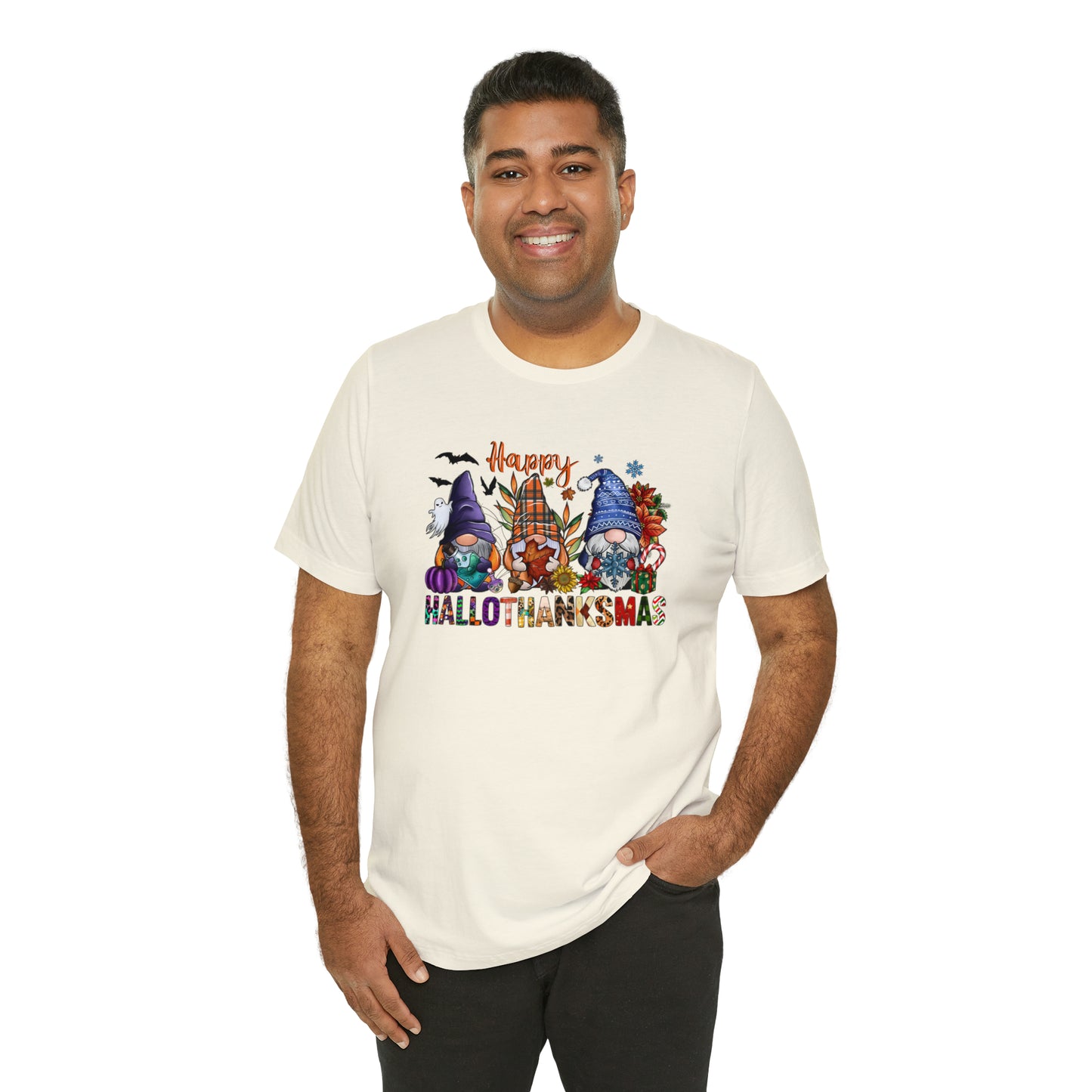 Year-Round Holiday Joy Gnome Trio Tee - Happy HALLOTHANKSMAS Celebration - Holiday Shirt