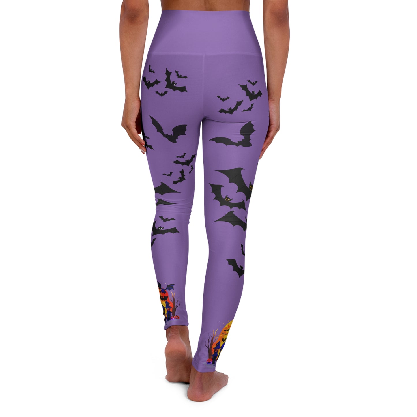 Purple Spooky House and Bats High-Waisted Yoga Leggings - Skinny Fit, Double Layer Waistband, 100% Polyester