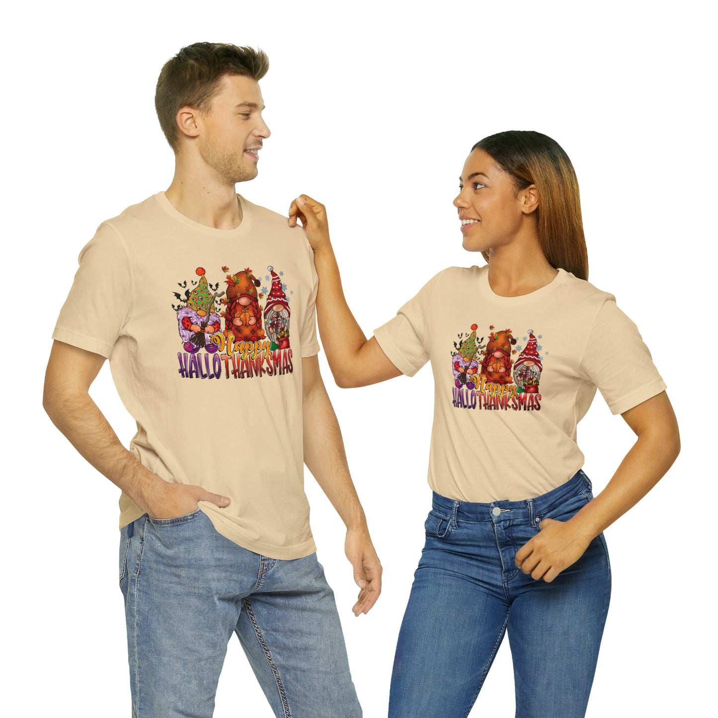 Happy HalloThanksmas Tee - Celebrate Every Season with Gnome-tastic Charm, Holiday Gift
