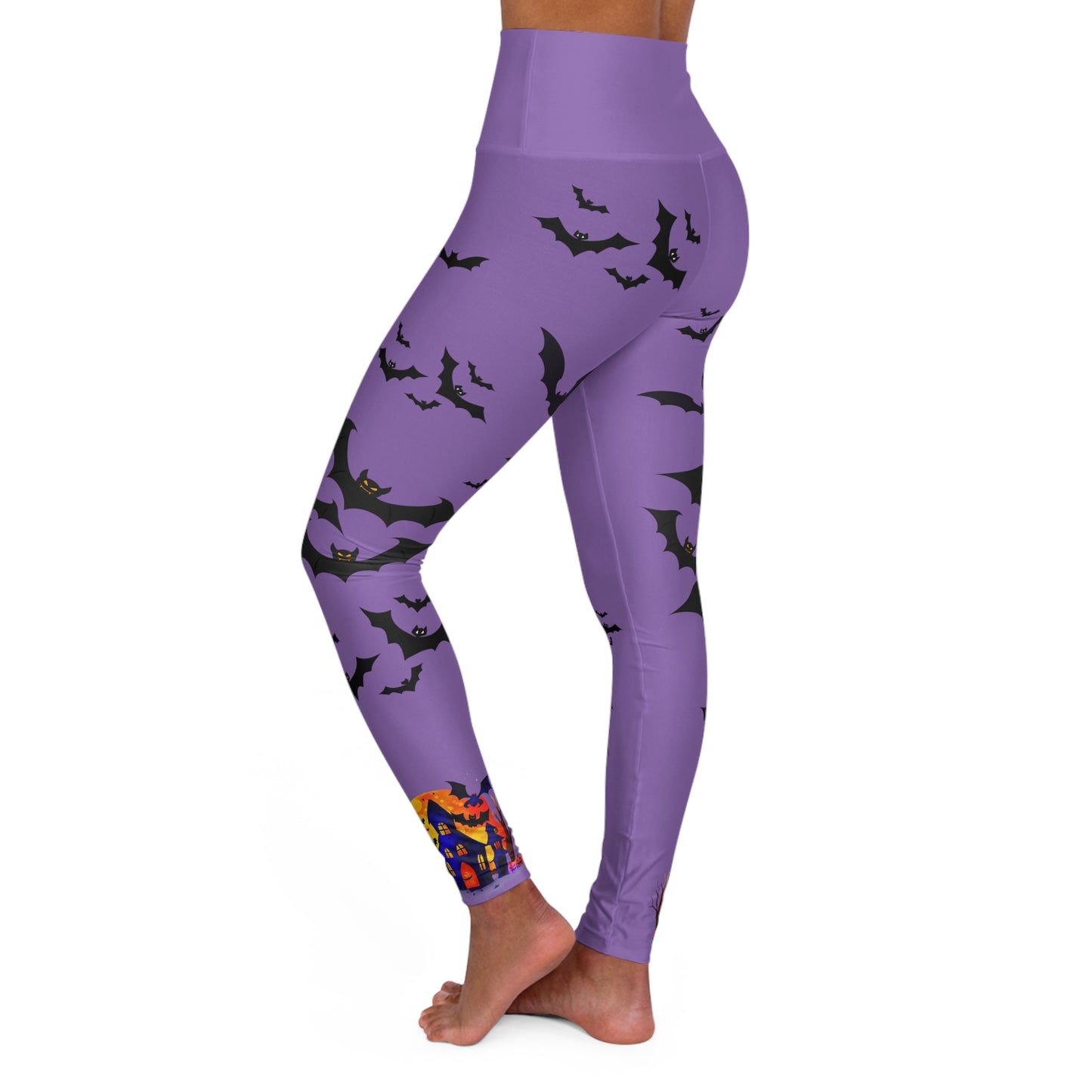 Purple Spooky House and Bats High-Waisted Yoga Leggings - Skinny Fit, Double Layer Waistband, 100% Polyester