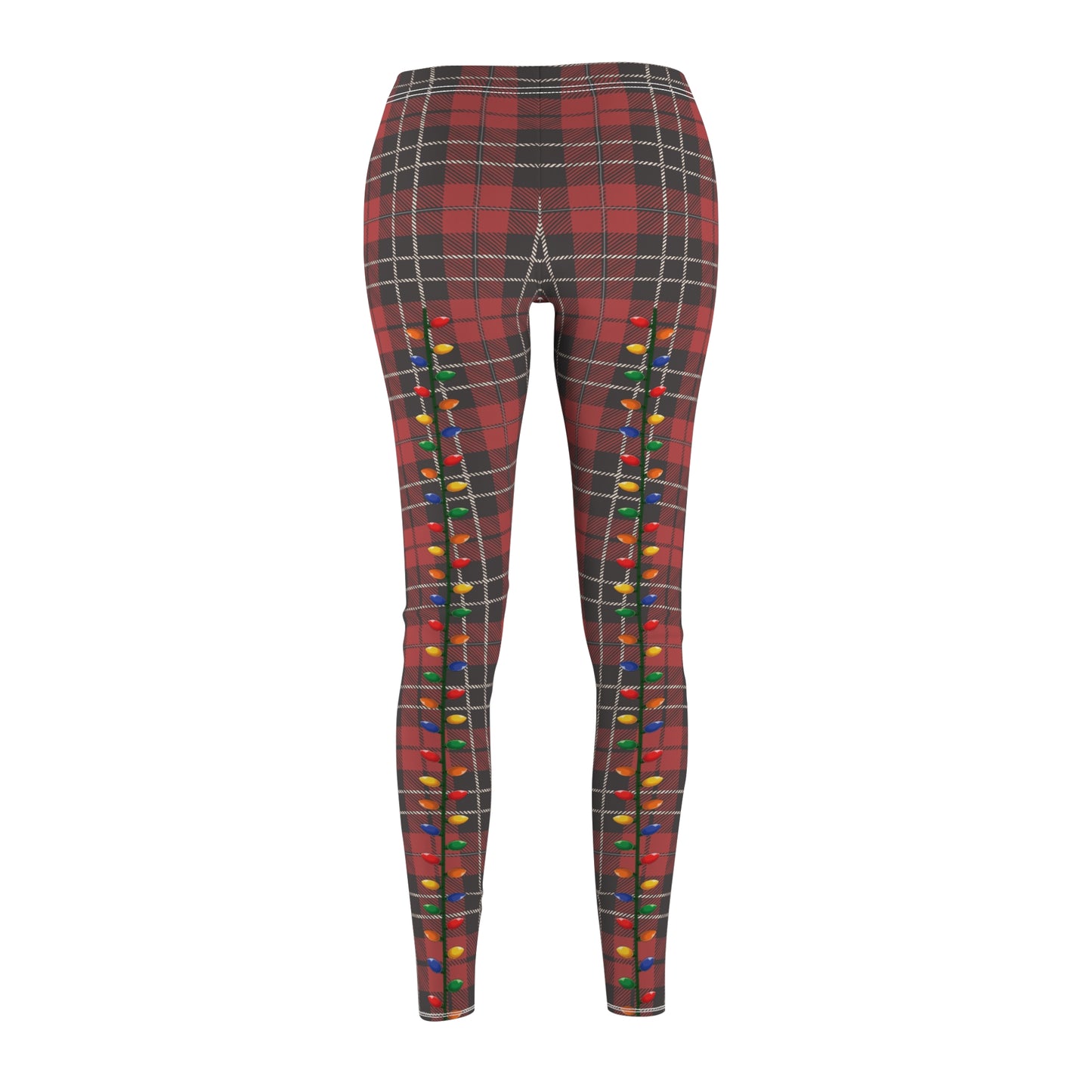Women's buffalo plaid red leggings with christmas light faux back seam, Christmas lights leggings, soft exclusive leggings, athleisure