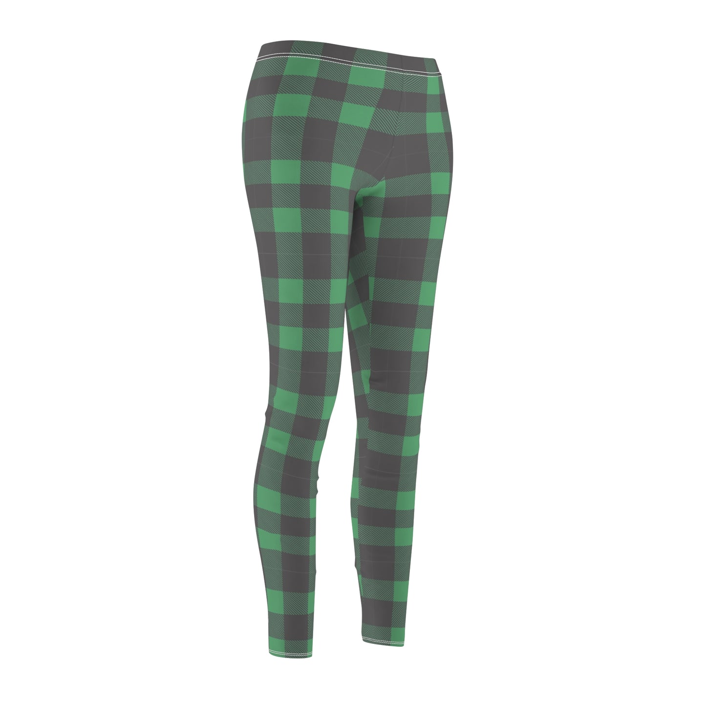 Women's buffalo plaid green leggings with christmas light faux back-seam.