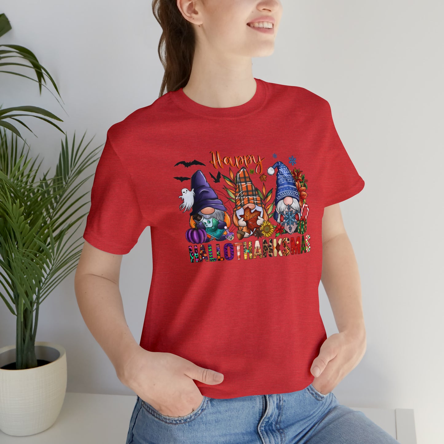 Year-Round Holiday Joy Gnome Trio Tee - Happy HALLOTHANKSMAS Celebration - Holiday Shirt
