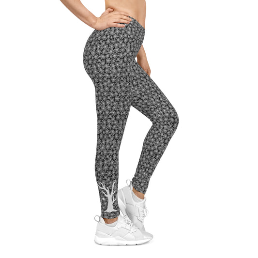 Spiderweb Silhouette Tree Leggings Black with White - Ankle-Length, Mid Waist Fit, Polyester Elastane Blend
