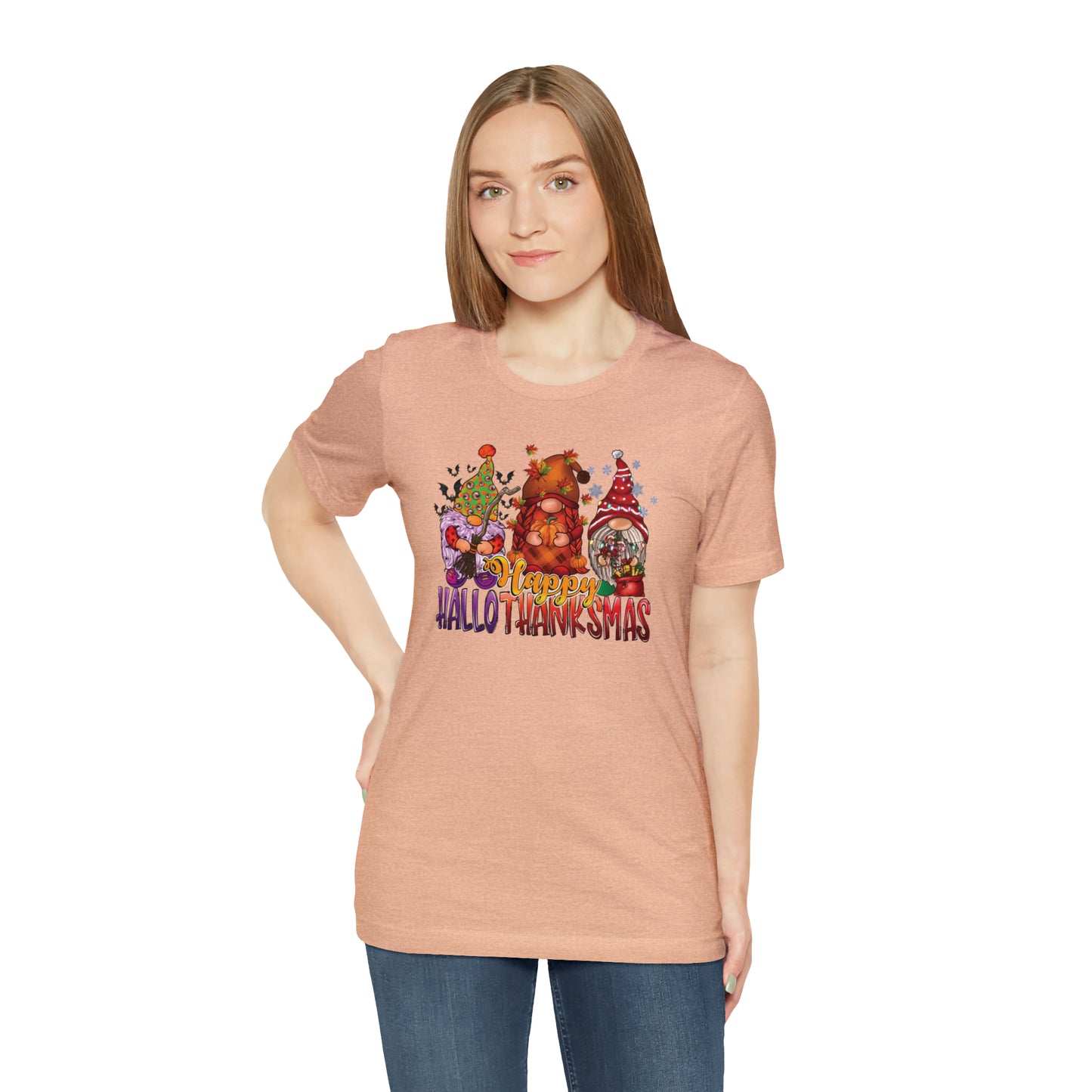 Happy HalloThanksmas Tee - Celebrate Every Season with Gnome-tastic Charm, Holiday Gift