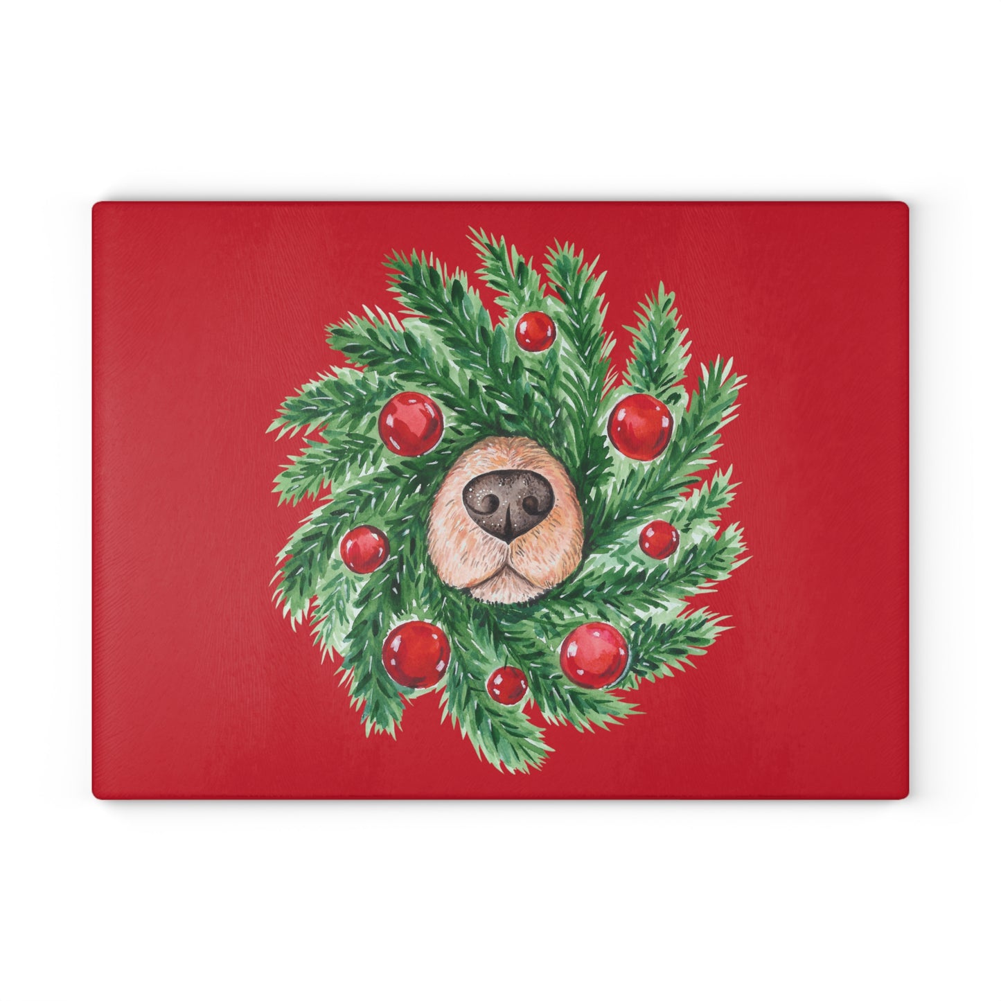 Whimsical Christmas Wreath Glass Cutting Board with Dog Nose - Festive Kitchen Decor in Two Sizes