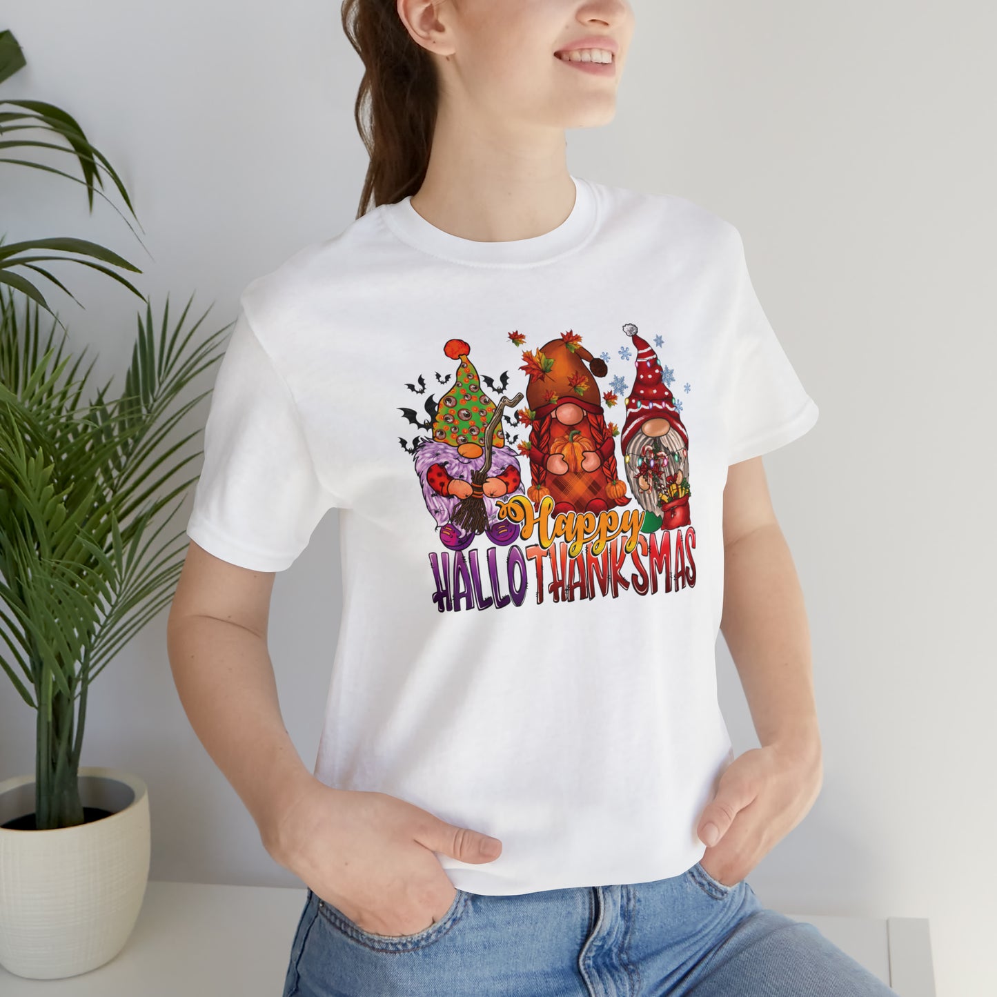 Happy HalloThanksmas Tee - Celebrate Every Season with Gnome-tastic Charm, Holiday Gift