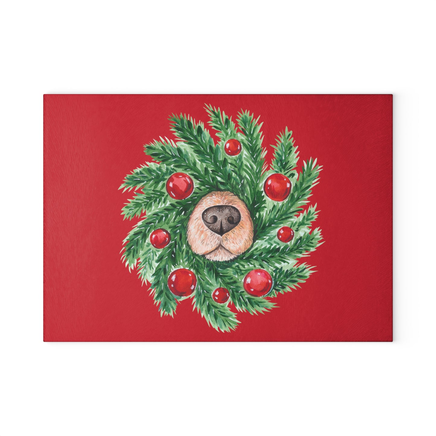 Whimsical Christmas Wreath Glass Cutting Board with Dog Nose - Festive Kitchen Decor in Two Sizes