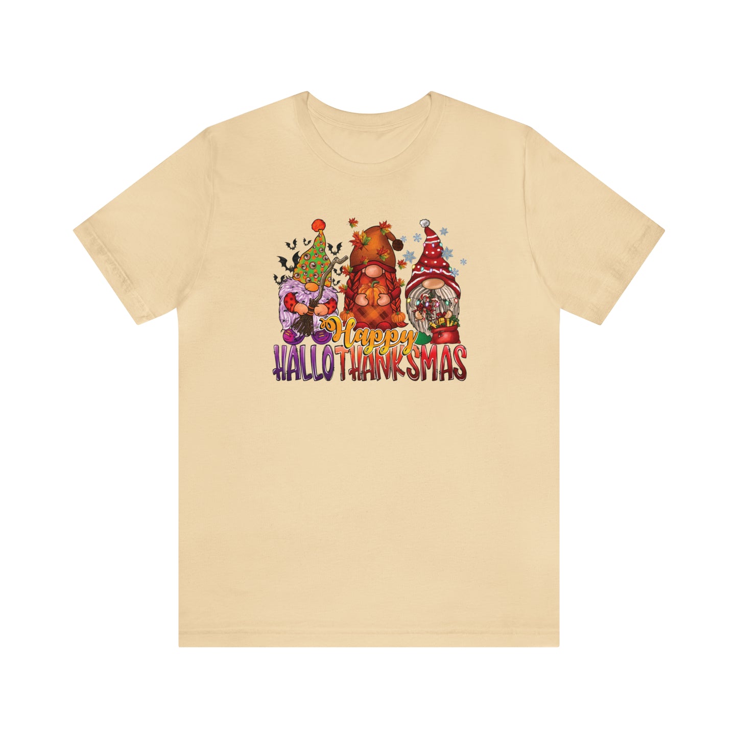 Happy HalloThanksmas Tee - Celebrate Every Season with Gnome-tastic Charm, Holiday Gift