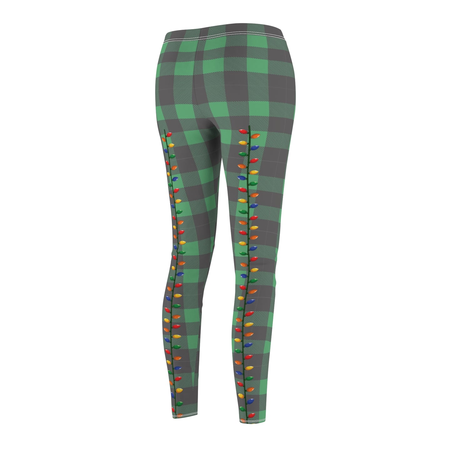 Women's buffalo plaid green leggings with christmas light faux back-seam.