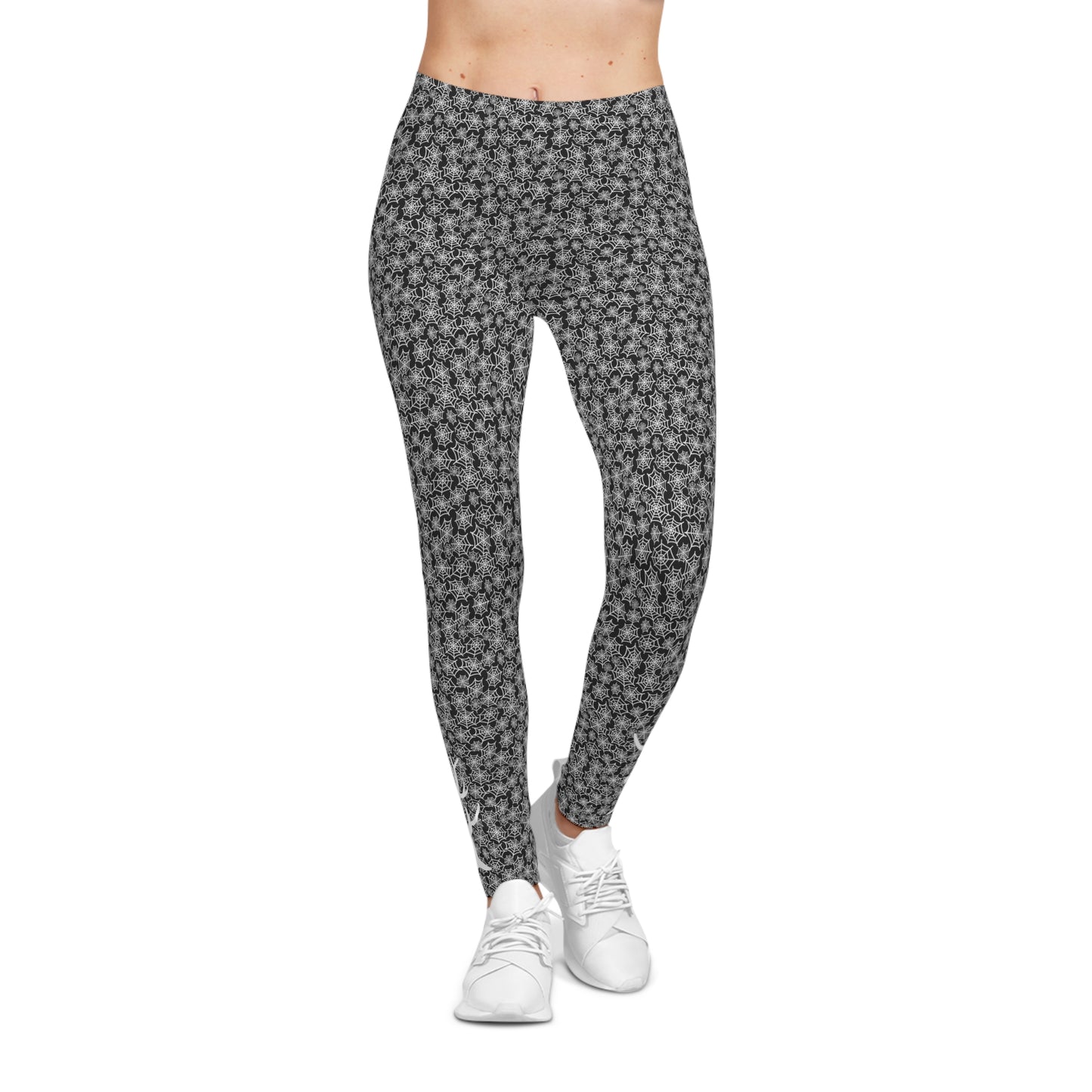 Spiderweb Silhouette Tree Leggings Black with White - Ankle-Length, Mid Waist Fit, Polyester Elastane Blend