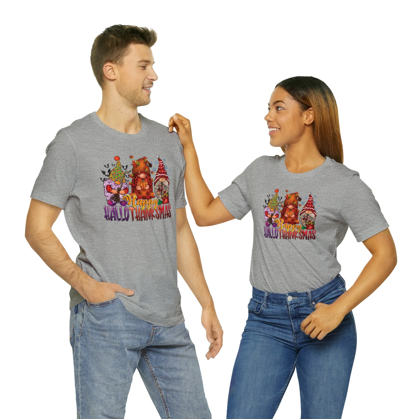 Happy HalloThanksmas Tee - Celebrate Every Season with Gnome-tastic Charm, Holiday Gift