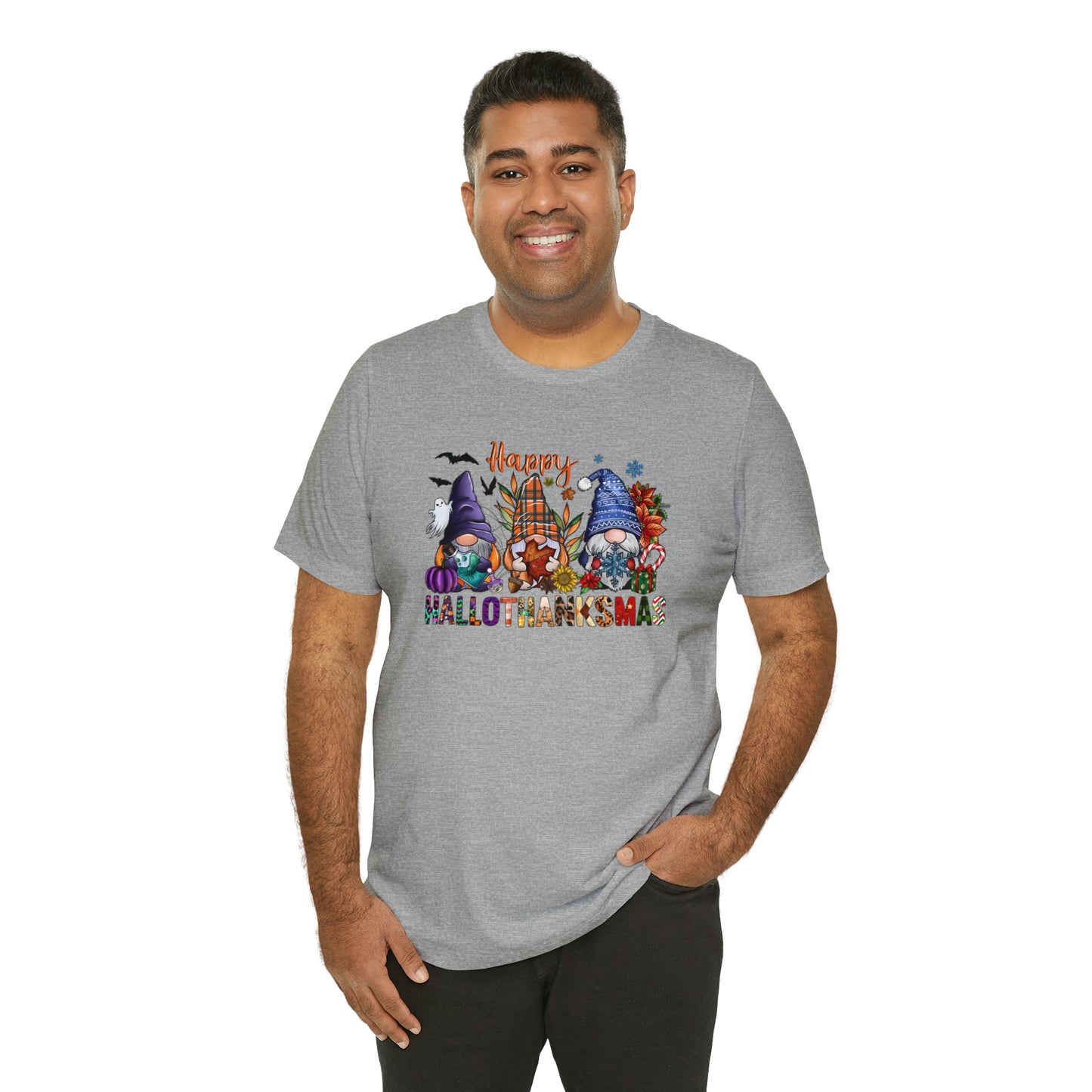 Year-Round Holiday Joy Gnome Trio Tee - Happy HALLOTHANKSMAS Celebration - Holiday Shirt