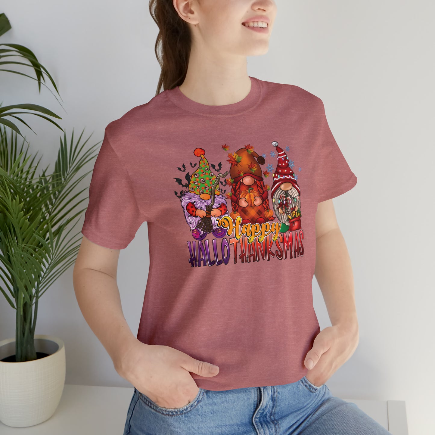 Happy HalloThanksmas Tee - Celebrate Every Season with Gnome-tastic Charm, Holiday Gift