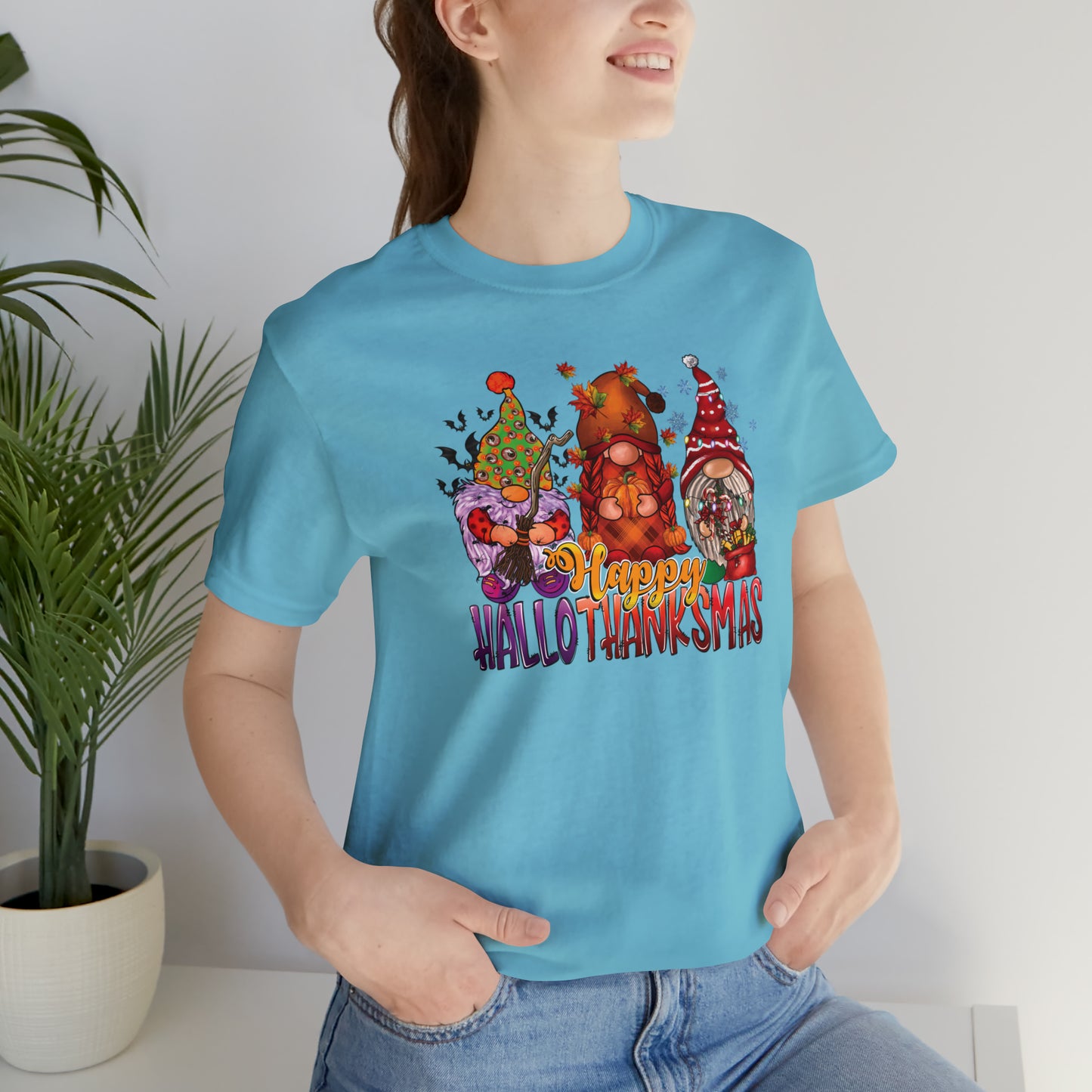 Happy HalloThanksmas Tee - Celebrate Every Season with Gnome-tastic Charm, Holiday Gift