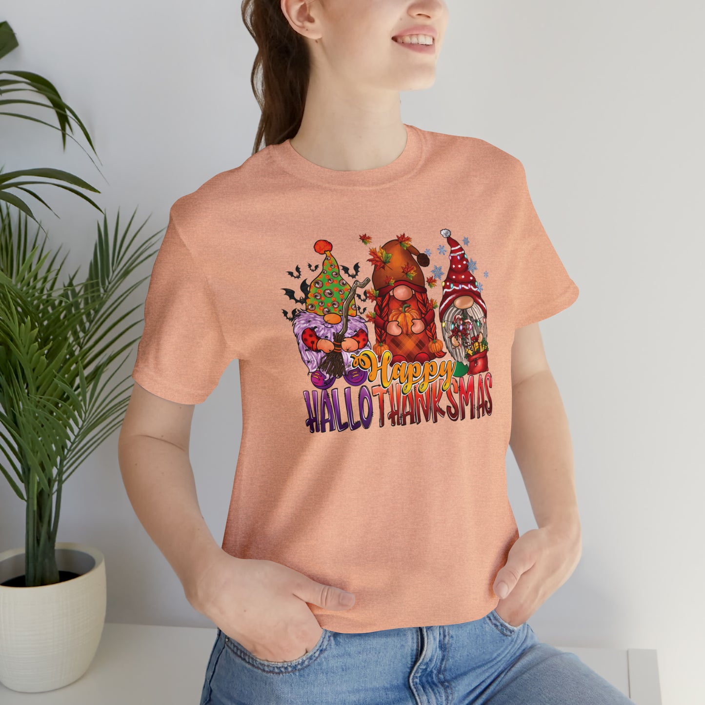 Happy HalloThanksmas Tee - Celebrate Every Season with Gnome-tastic Charm, Holiday Gift