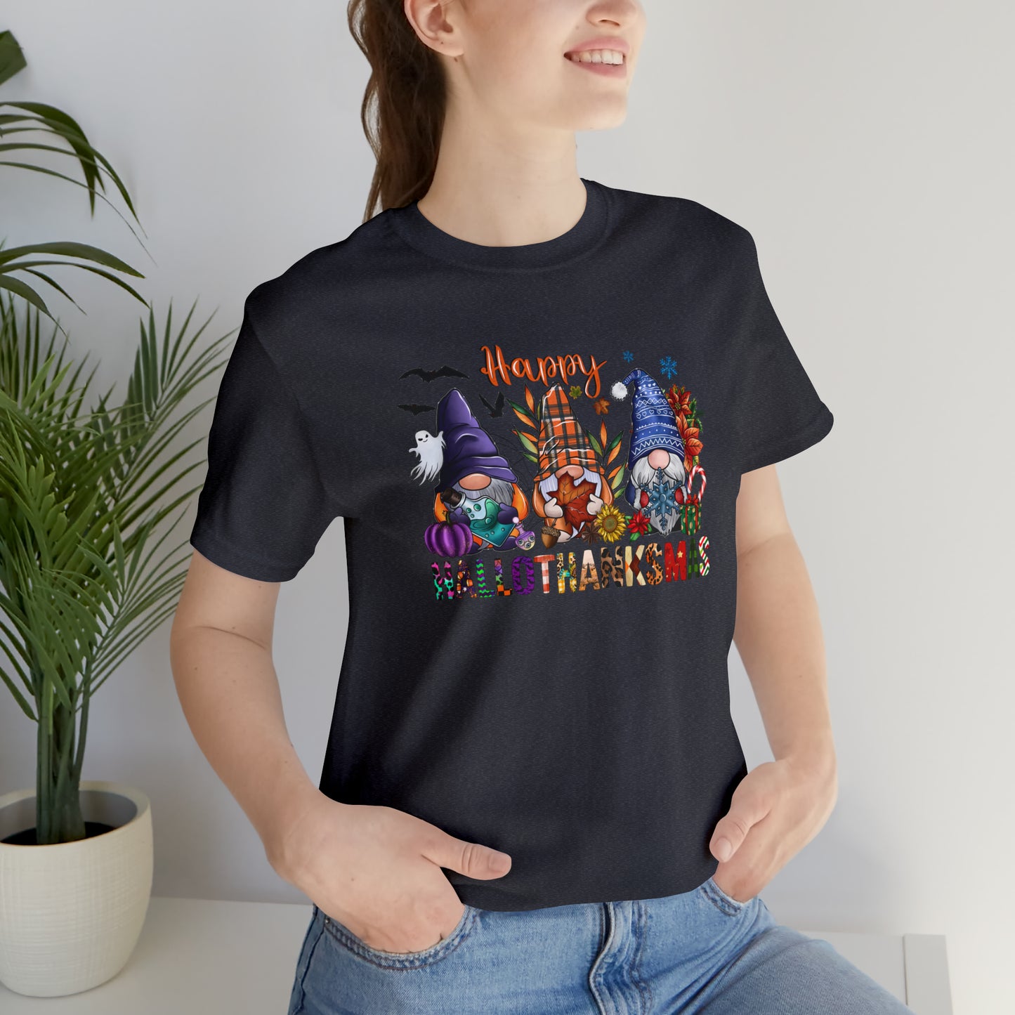 Year-Round Holiday Joy Gnome Trio Tee - Happy HALLOTHANKSMAS Celebration - Holiday Shirt