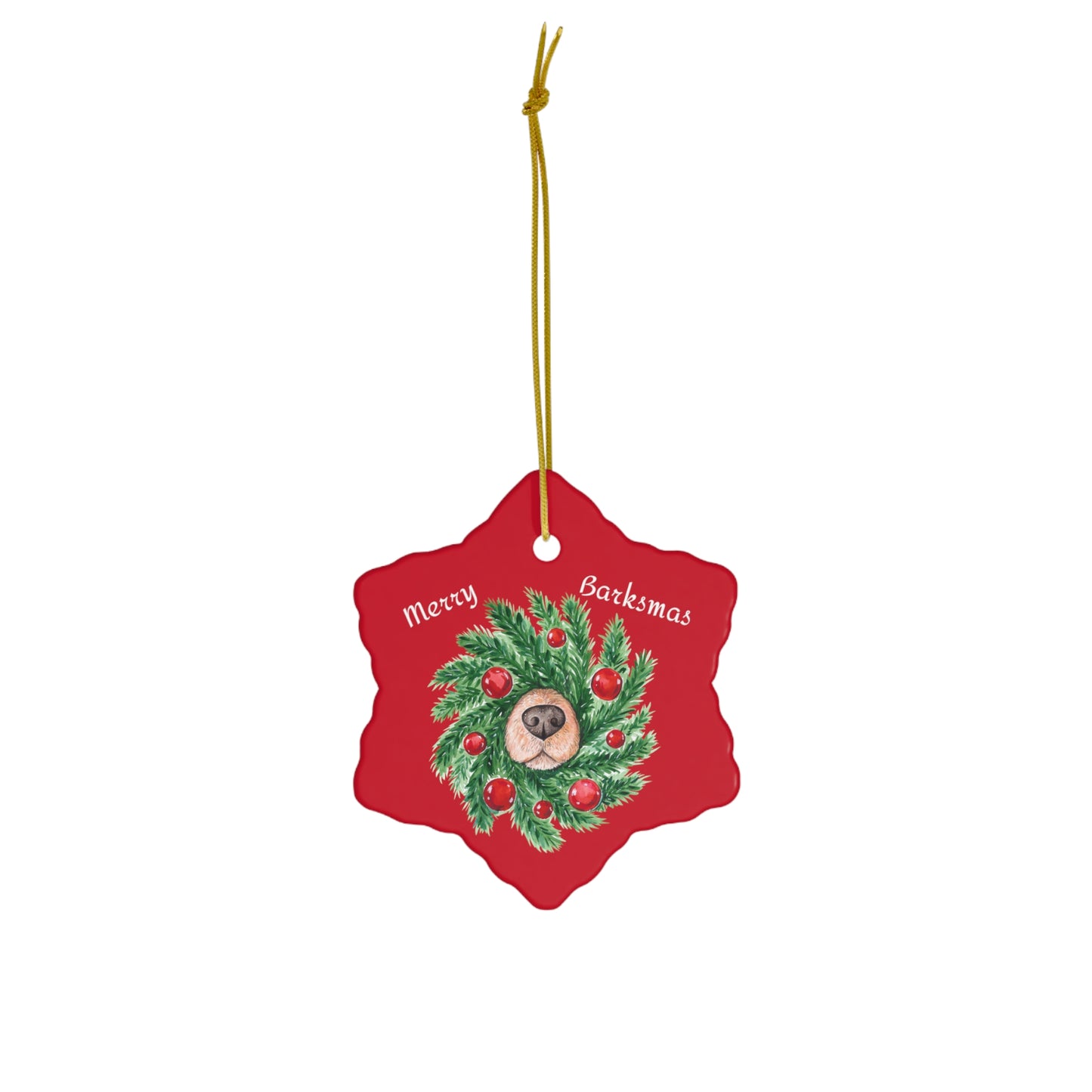 Whimsical Red Dog Nose Wreath Ceramic Star Snowflake Ornament - Merry Barksmas Holiday Decor