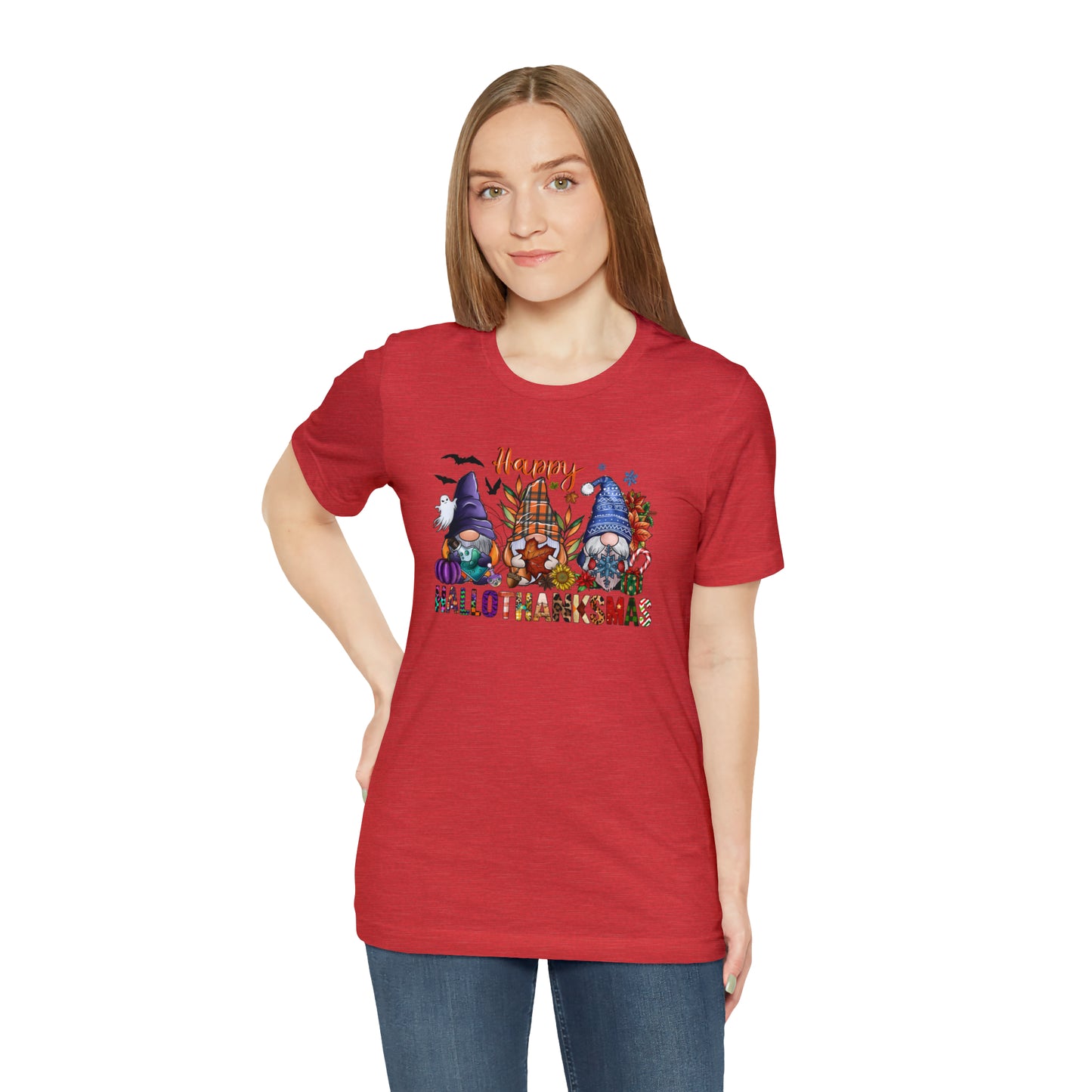 Year-Round Holiday Joy Gnome Trio Tee - Happy HALLOTHANKSMAS Celebration - Holiday Shirt