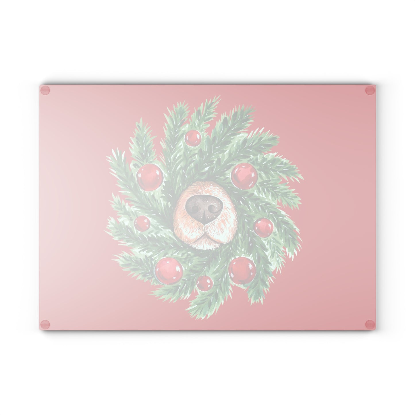 Whimsical Christmas Wreath Glass Cutting Board with Dog Nose - Festive Kitchen Decor in Two Sizes