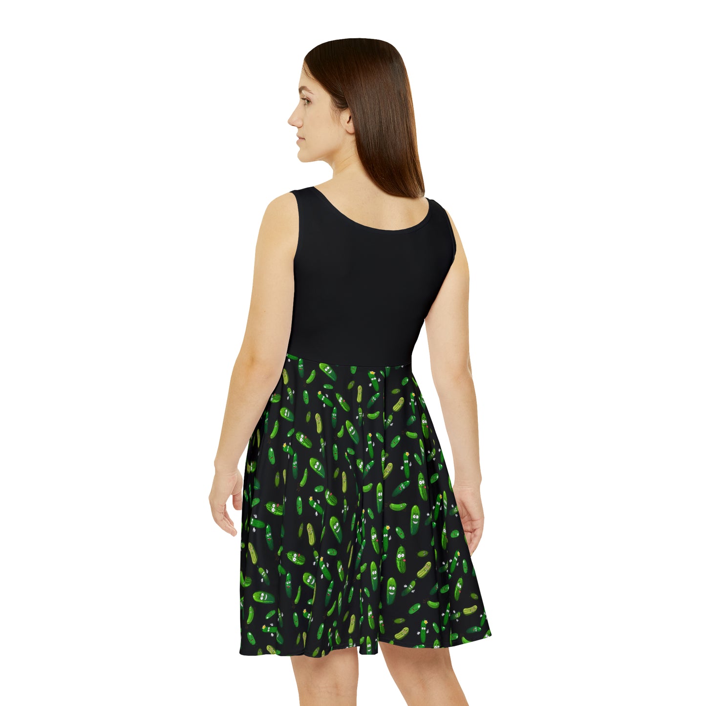 Pickle Party Delight: Black Skater Tank Dress with Whimsical Pickle Pattern
