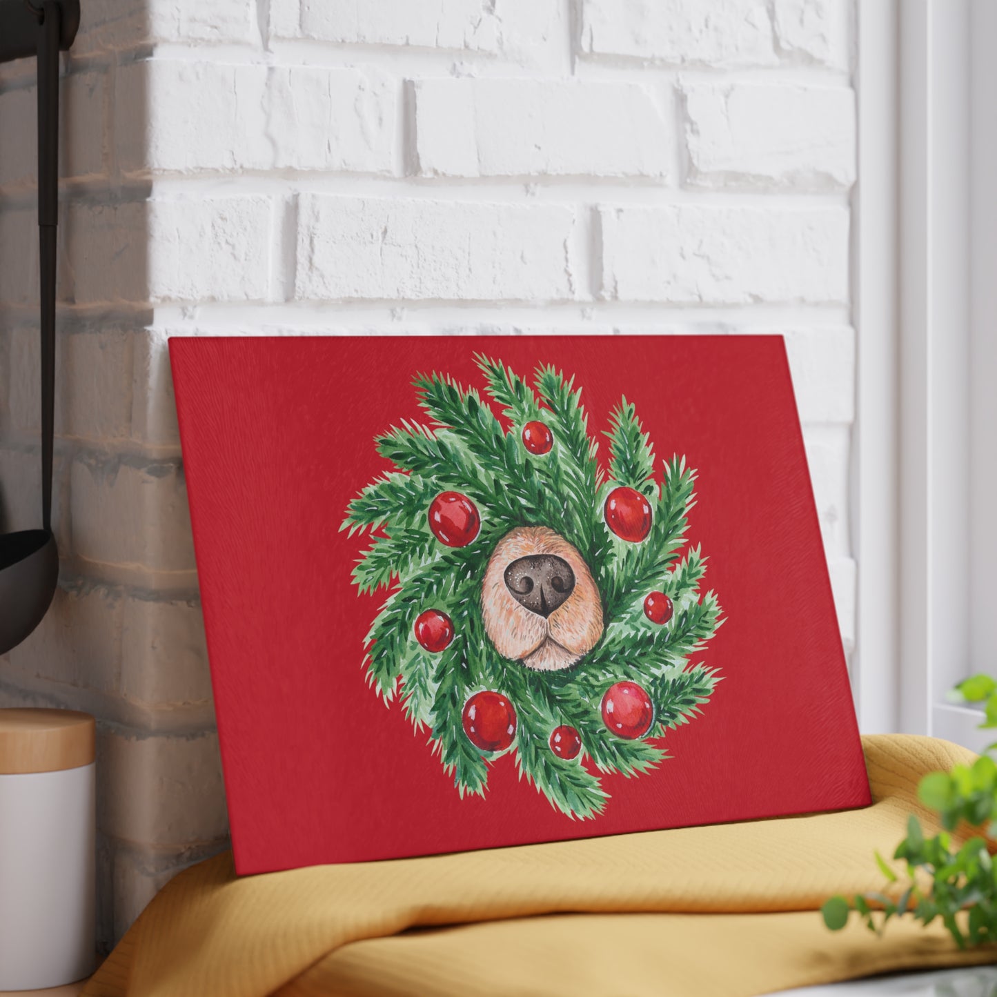 Whimsical Christmas Wreath Glass Cutting Board with Dog Nose - Festive Kitchen Decor in Two Sizes