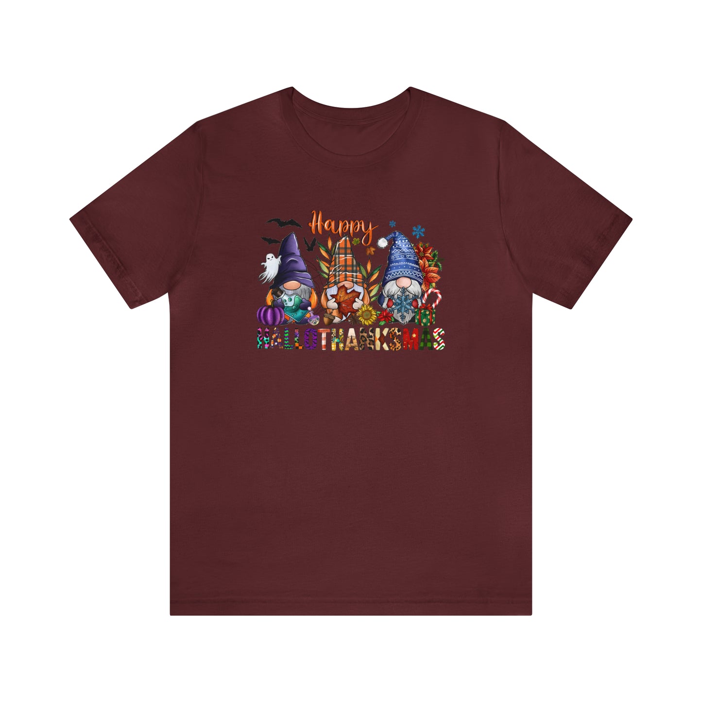 Year-Round Holiday Joy Gnome Trio Tee - Happy HALLOTHANKSMAS Celebration - Holiday Shirt
