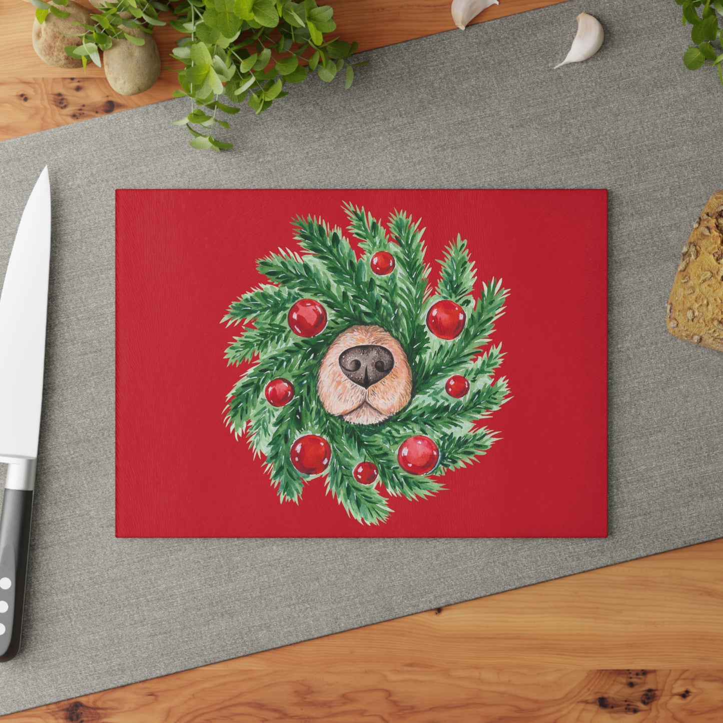 Whimsical Christmas Wreath Glass Cutting Board with Dog Nose - Festive Kitchen Decor in Two Sizes