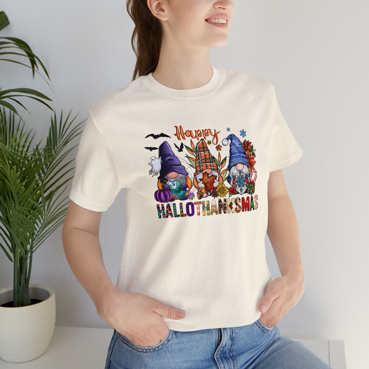 Year-Round Holiday Joy Gnome Trio Tee - Happy HALLOTHANKSMAS Celebration - Holiday Shirt