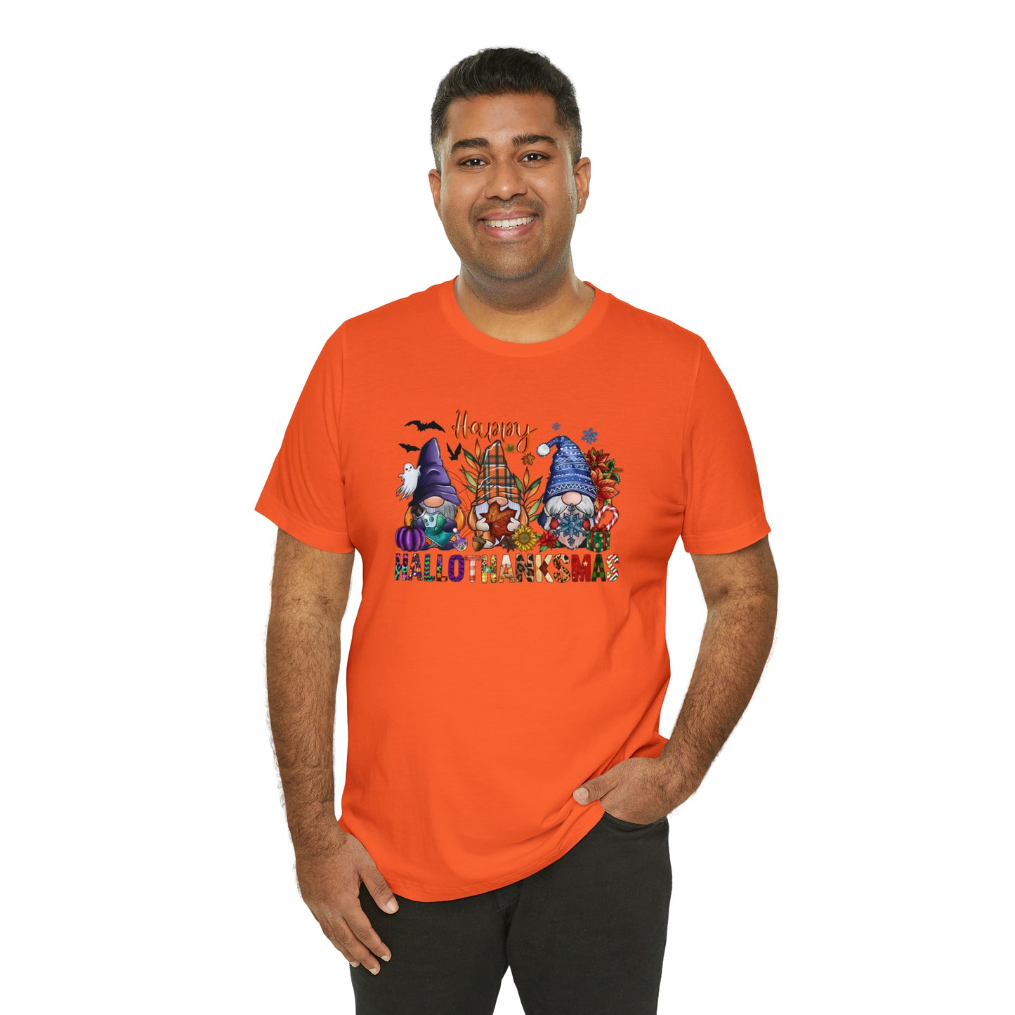 Year-Round Holiday Joy Gnome Trio Tee - Happy HALLOTHANKSMAS Celebration - Holiday Shirt