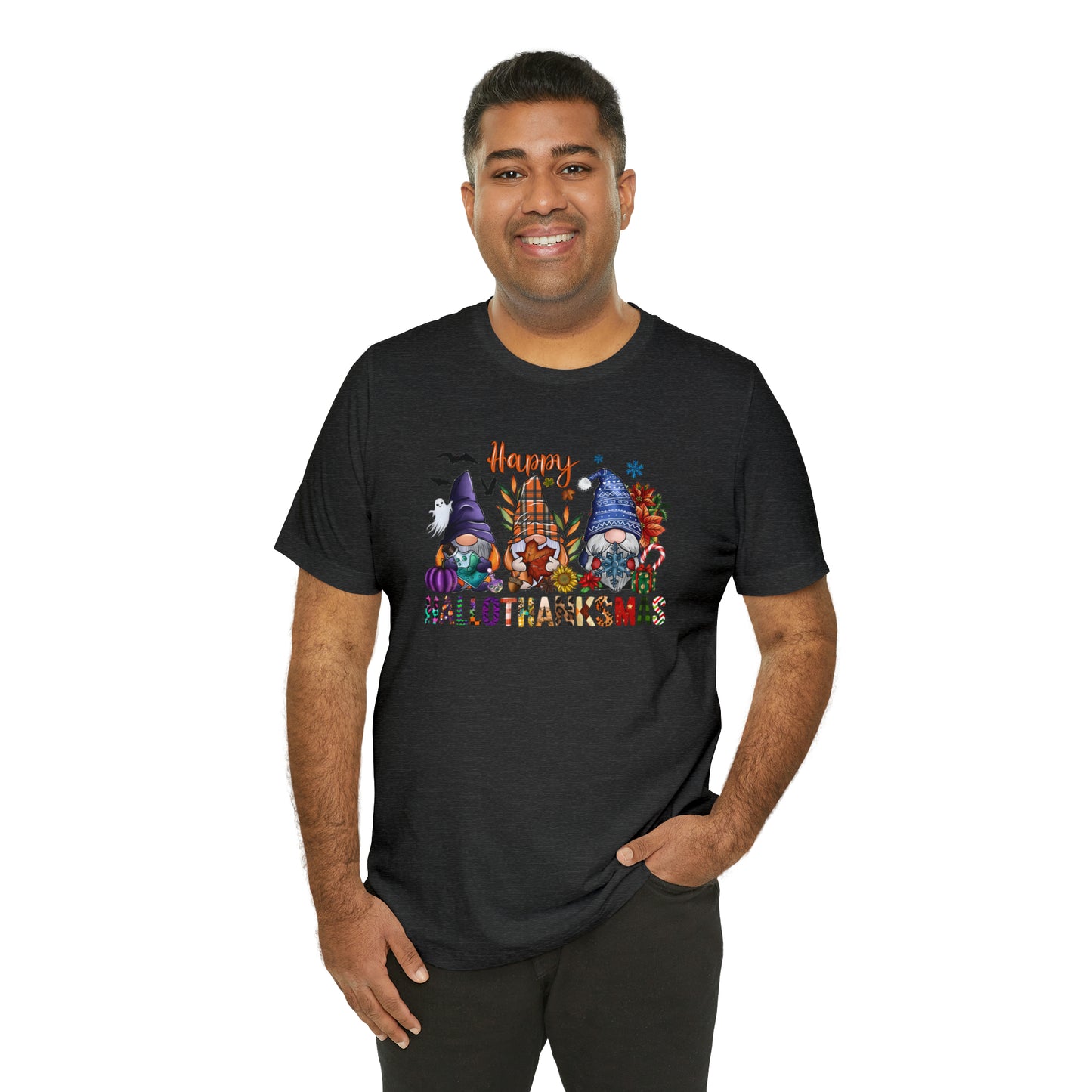 Year-Round Holiday Joy Gnome Trio Tee - Happy HALLOTHANKSMAS Celebration - Holiday Shirt