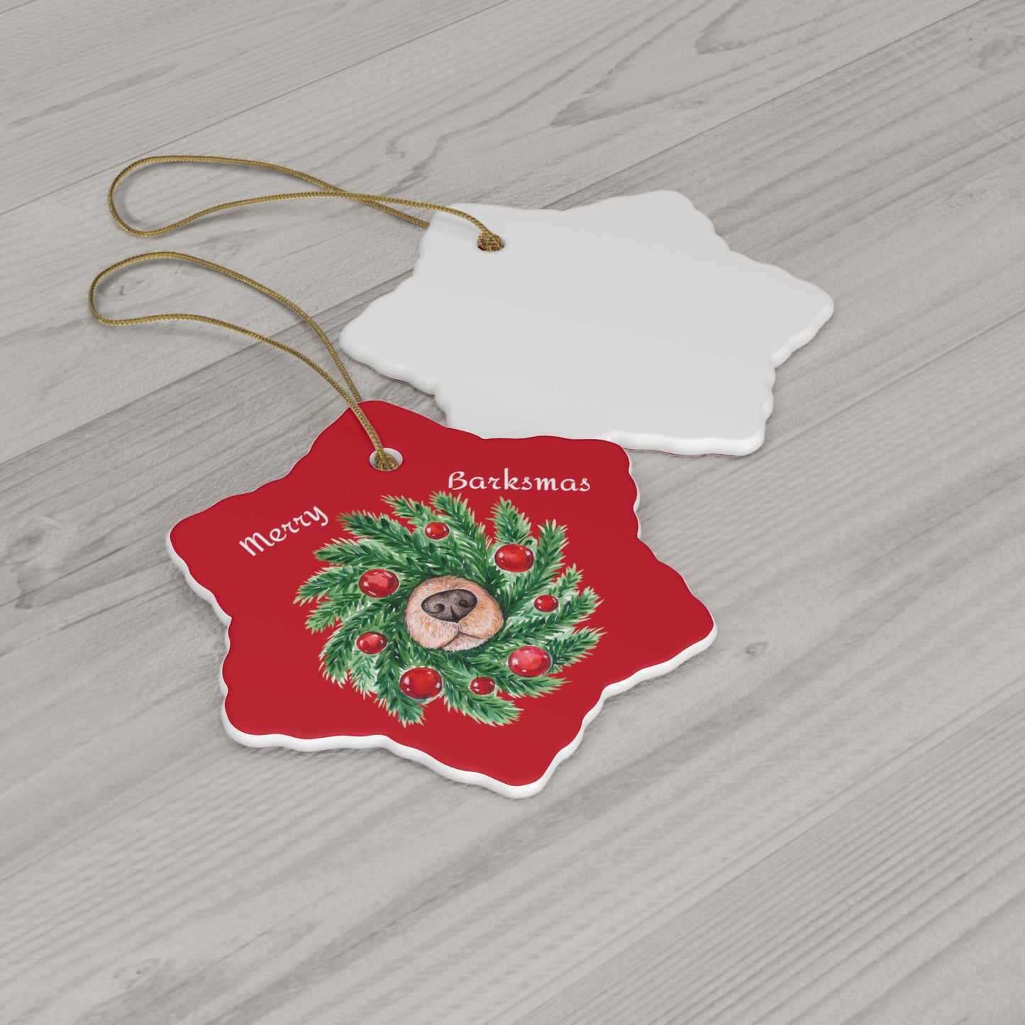 Whimsical Red Dog Nose Wreath Ceramic Star Snowflake Ornament - Merry Barksmas Holiday Decor