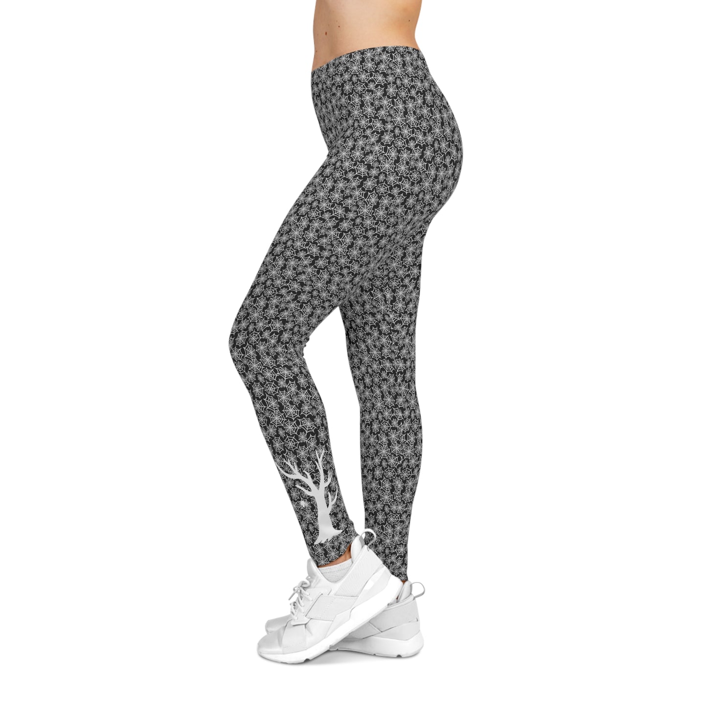 Spiderweb Silhouette Tree Leggings Black with White - Ankle-Length, Mid Waist Fit, Polyester Elastane Blend