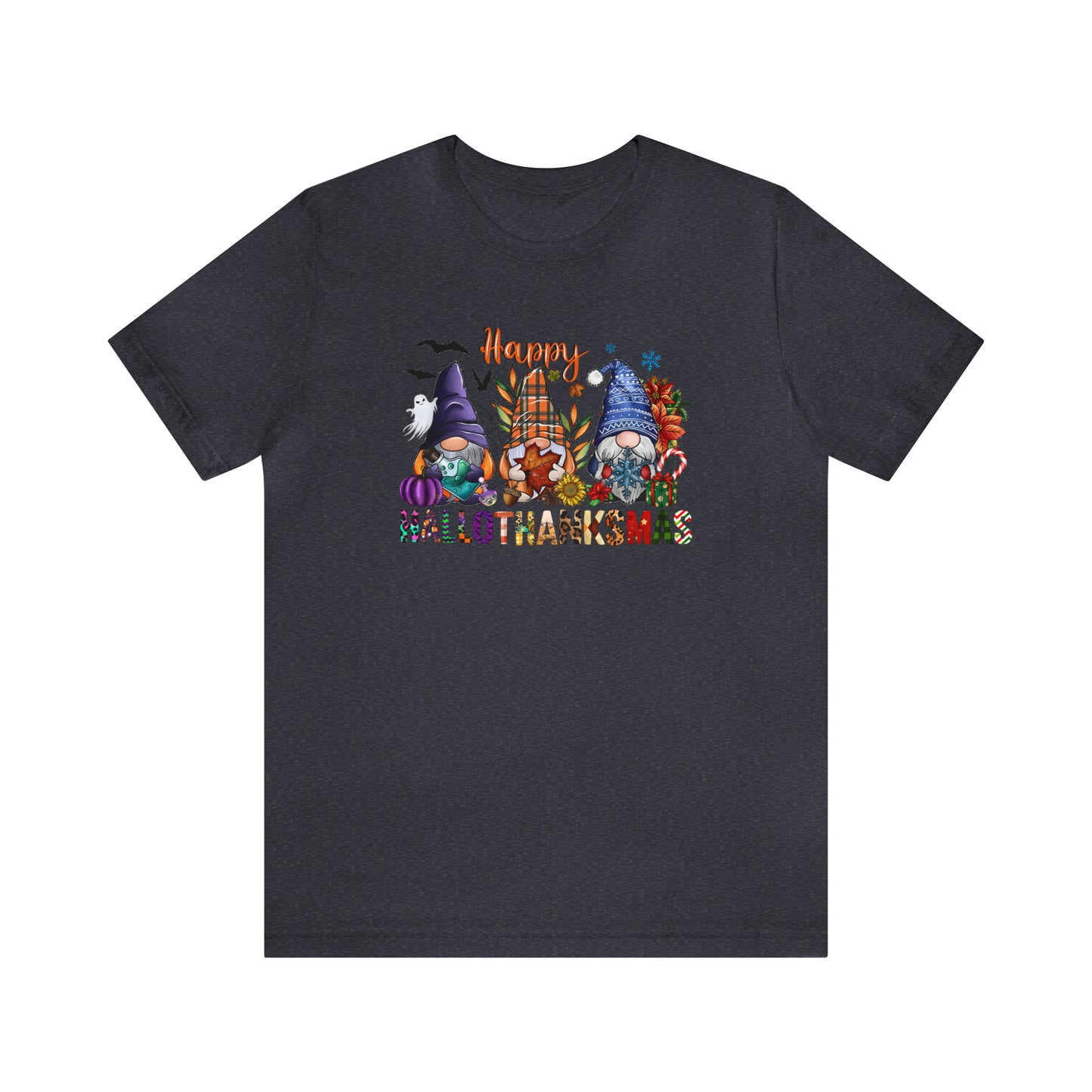 Year-Round Holiday Joy Gnome Trio Tee - Happy HALLOTHANKSMAS Celebration - Holiday Shirt
